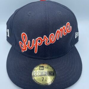 Supreme SS12 New Era Script fitted hat. Navy and orange. Size - 7 5/8. VNDS